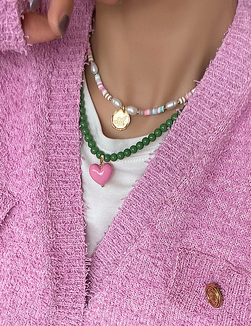 Fashion Necklace - Green Resin Beaded Heart Necklace