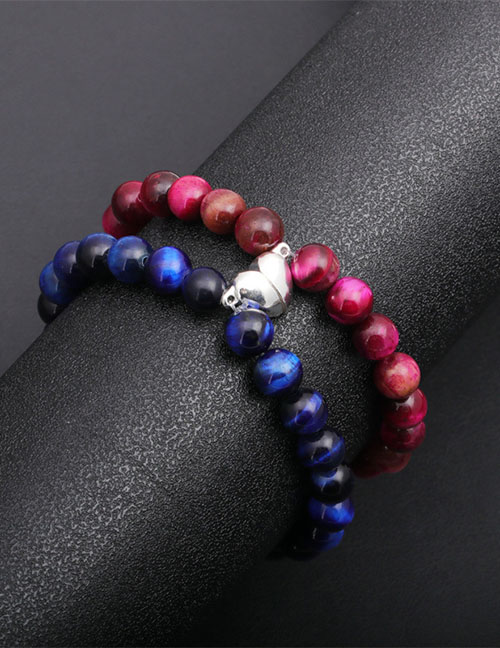 Fashion Purple Fenghua + Blue Weathering Geometric Tiger Eye Beaded Heart Magnet Bracelet Set
