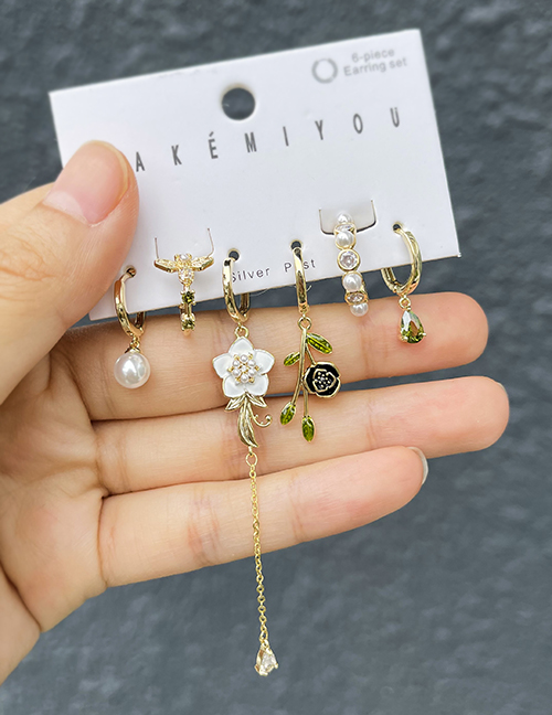 Juego De 6 Aretes De Perlas Con Flor De Aceite De Circón Con Incrustaciones De Cobre