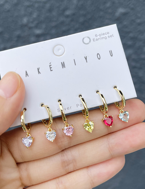 Fashion Color 6-piece Set Of Copper Inlaid Zircon Heart Earrings