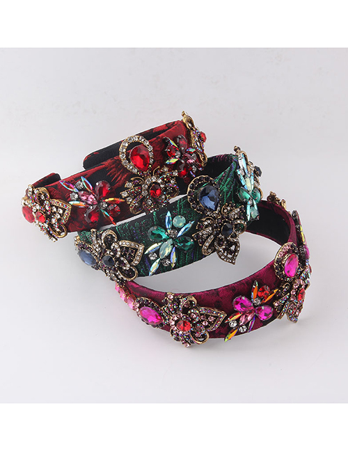 Fashion Rose Red Fabric Diamond-studded Geometric Flower Headband