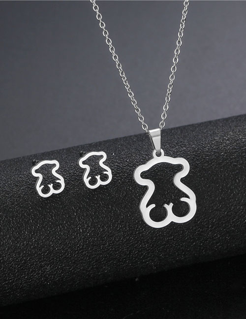 Fashion Silver Color Stainless Steel Cut Bear Necklace And Earring Set
