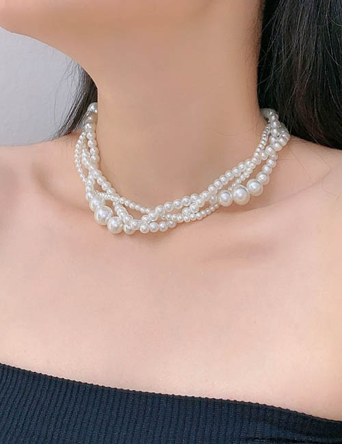 Collar Cruzado Con Múltiples Capas De Perlas