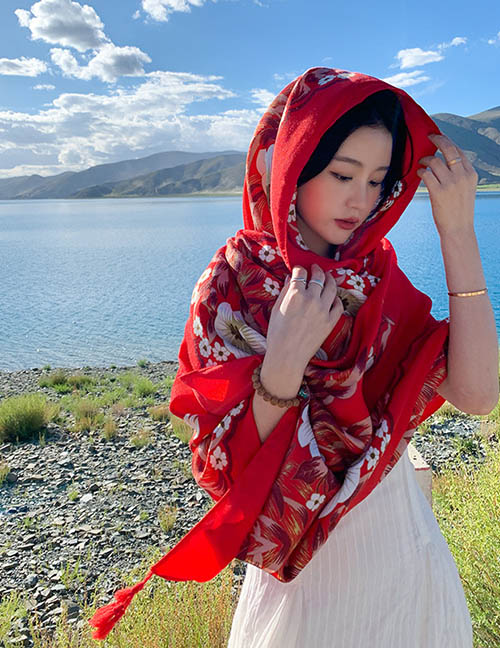 Fashion Red Morning Glory Polyester Print Scarf