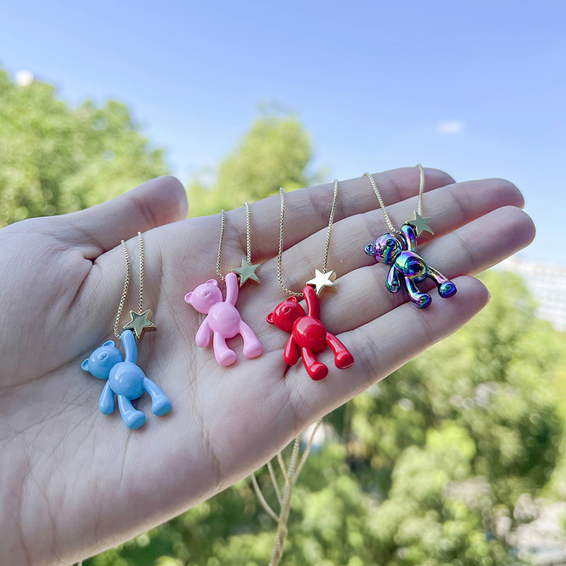 Fashion Color Copper Drop Oil Bear Pentagram Pendant Necklace