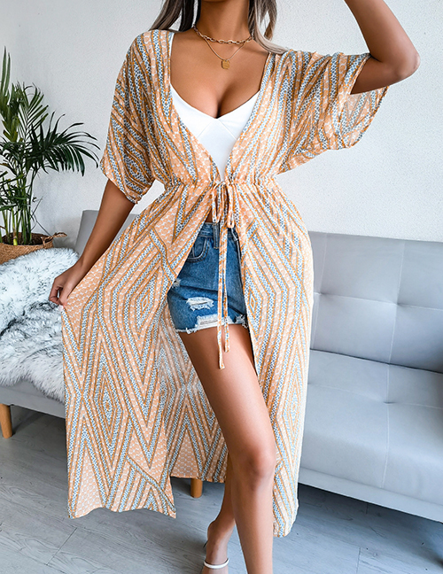 Fashion Blue Chiffon Print Lace-up Sun Blouse
