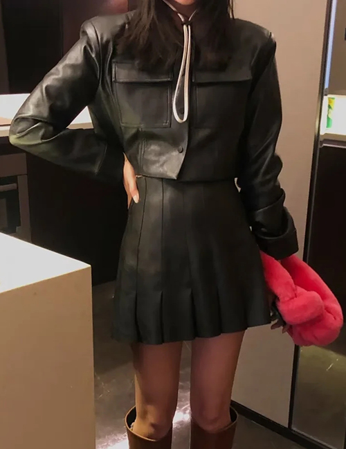 Conjunto De Falda Plisada De Chaqueta De Solapa De Color Sólido