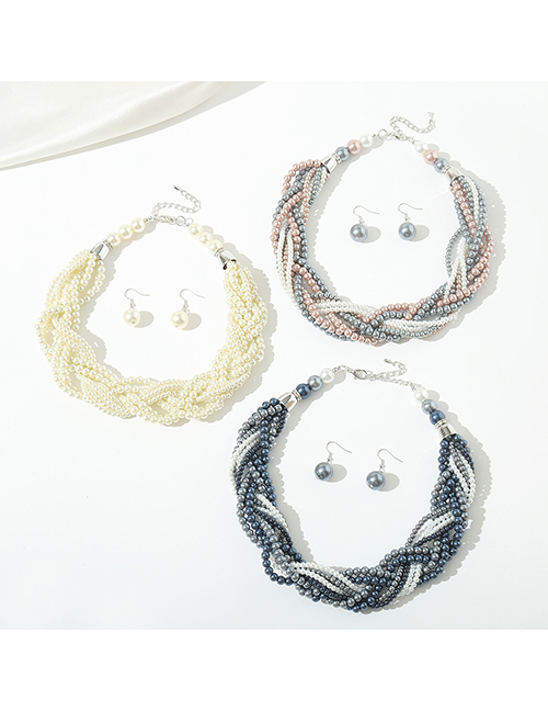 Juego De Collar Y Aretes Trenzados Con Cuentas De Perlas En Capas