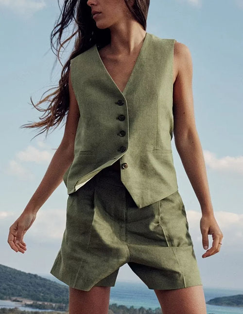 Fashion Green Linen Breasted Vest Jacket