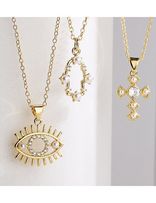 Fashion 2# Gold Plated Copper Eye Necklace With Diamonds And Pearls