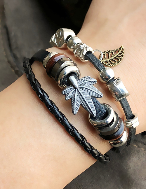 Fashion Braided Leather Skull Maple Leaf Tiered Bracelet Braided Leather Skull Maple Leaf Tiered Bracelet