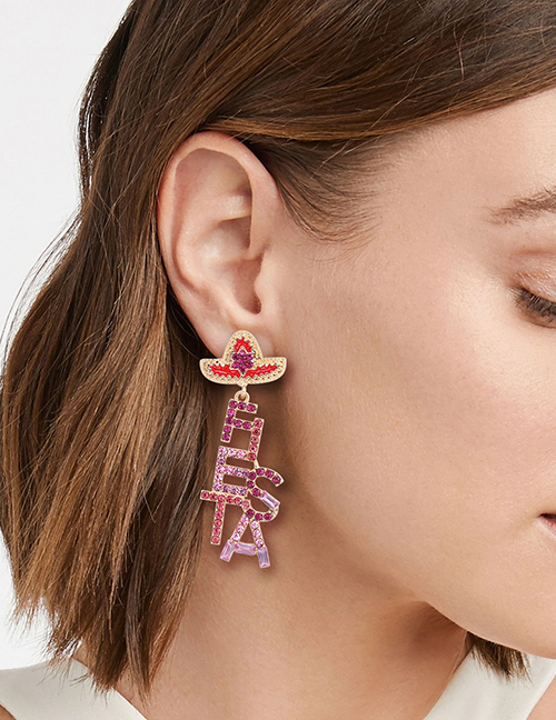 Fashion Pink Alloy Diamond Letters Oil Hats Earrings