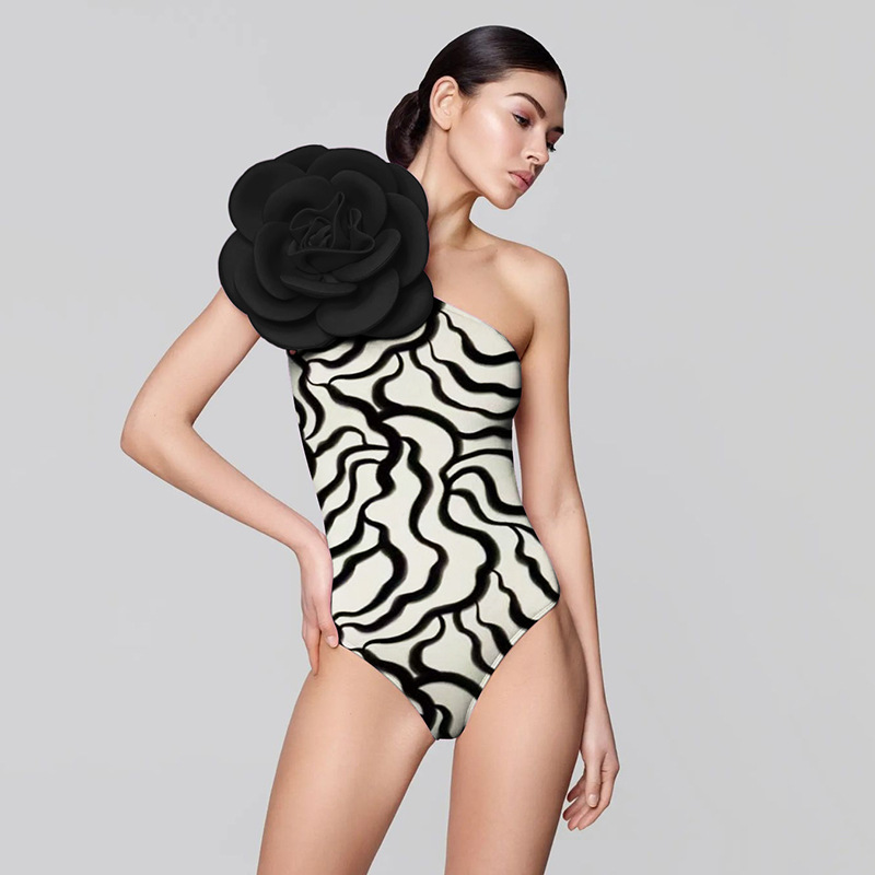 Fashion Striped Black Flower Stereo Flower Conjoined Swimsuit