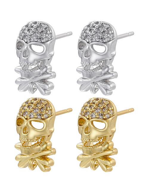 Fashion Platinum White Diamond Brass Zirconia Skull Stud Earrings