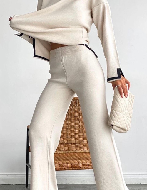Conjunto De Pantalones De Pernera Ancha Con Parte Superior De Cuello Redondo De Punto Acrílico