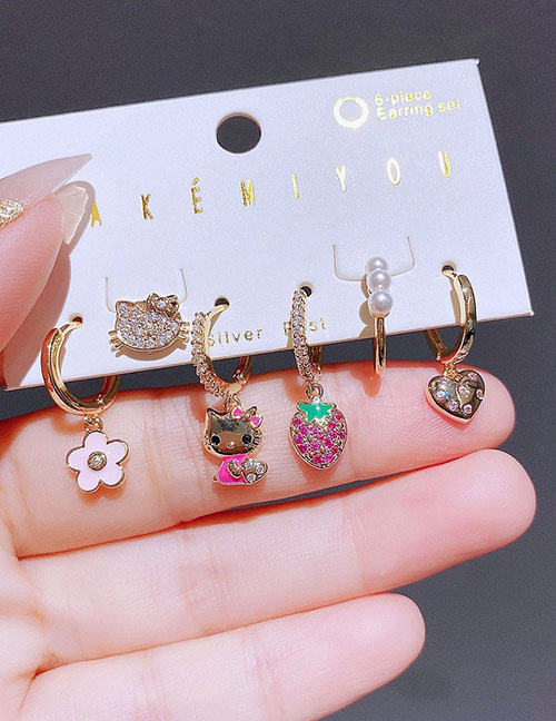 Fashion Gold Plated Copper Inlaid Zirconium Cat Strawberry Oil Drip Flower Earring Set