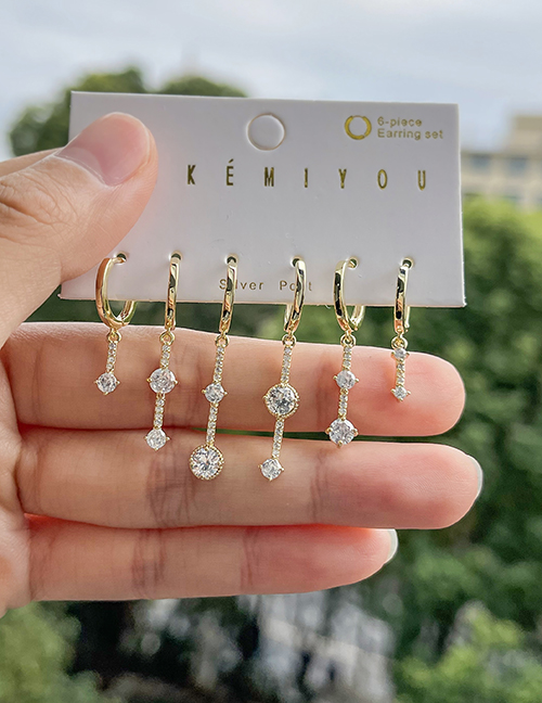 Fashion Gold Set Of 6 Copper Inlaid Zirconia Round Pendant Hoop Earrings