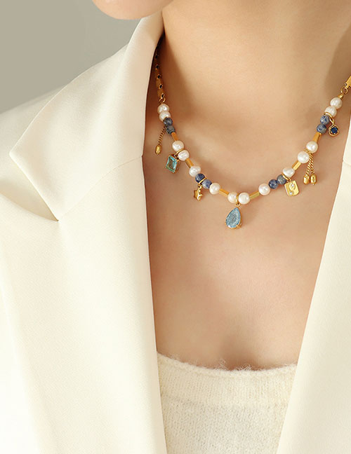 Collar De Borla De Lágrima De Pentagrama Con Cuentas Geométricas De Acero De Titanio