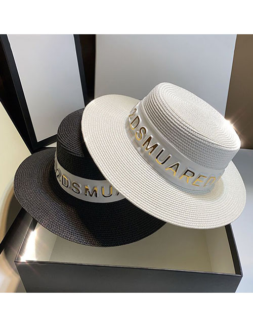 Fashion Black Straw Letter Large Brim Sun Hat