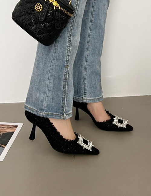 Fashion Black Square Rhinestone Pointed Toe Stiletto Shoes