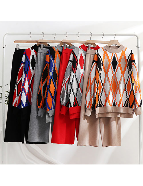 Tops de rombo de punto delgados pantalones traje de dos piezas