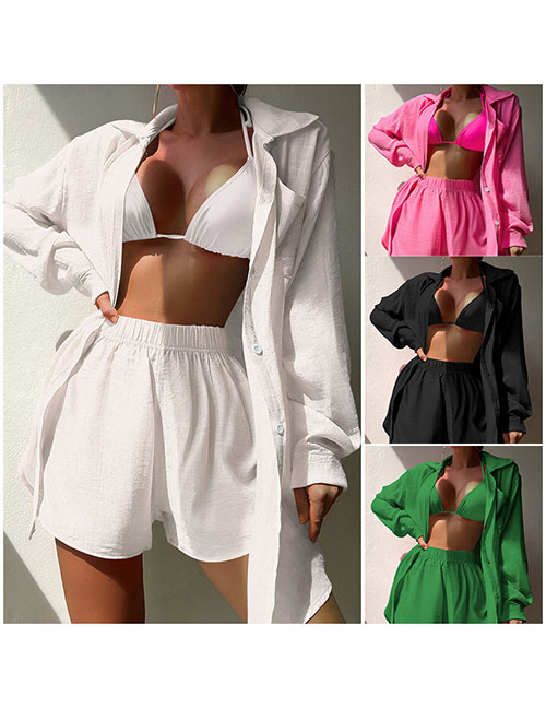 Fashion White Set (zs2155) Polyester Lapel Buckle Shirt Shorts Suit