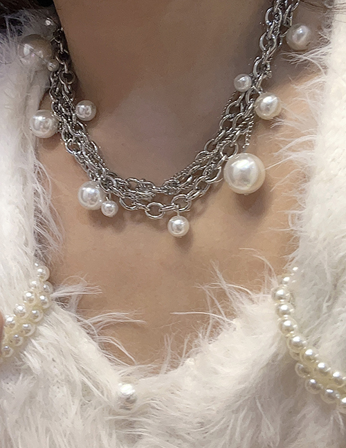 Fashion Silver Alloy Geometric Chain Pearl Necklace