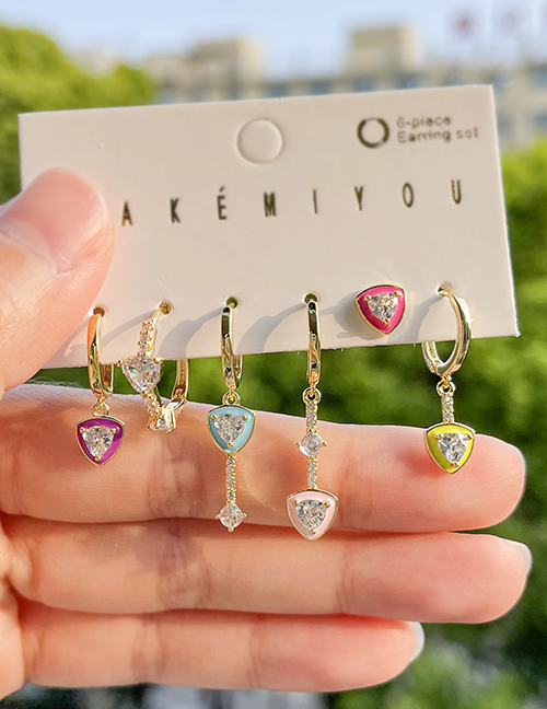 Juego De 6 Aretes Colgantes Geométricos Con Goteo De Aceite De Circón Con Incrustaciones De Cobre