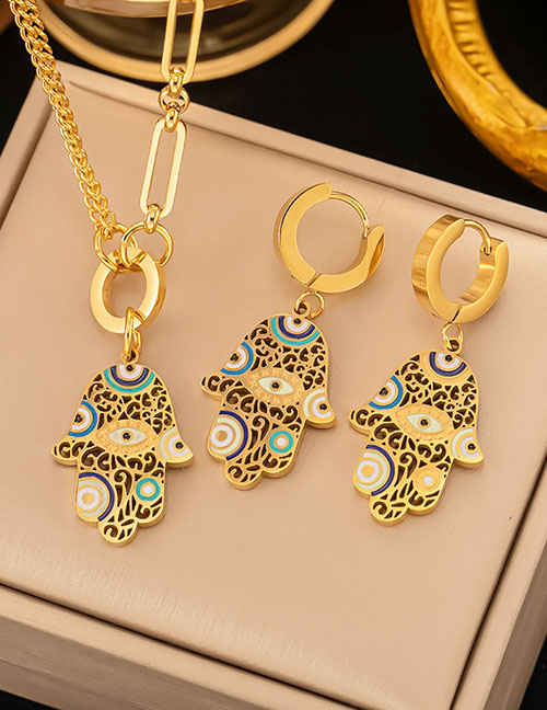 Fashion Set Titanium Oil Drip Eye Palm Necklace Earrings Set
