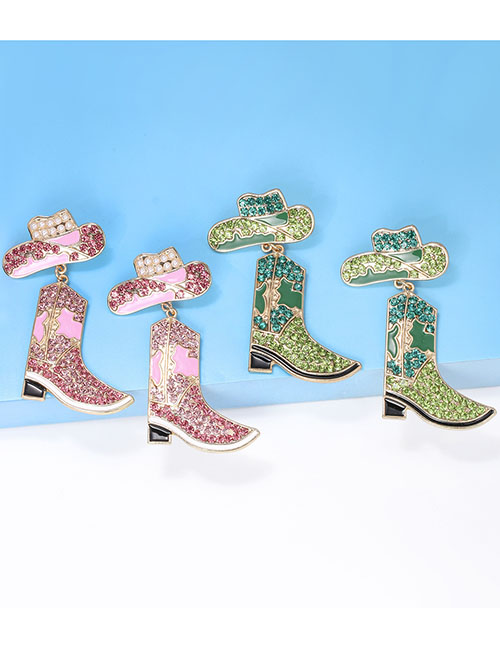 Fashion Pink Alloy Drop Oil Diamond Boots Hat Earrings