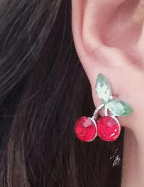 Fashion Gold Alloy Diamond Green Leaf Cherry Stud Earrings