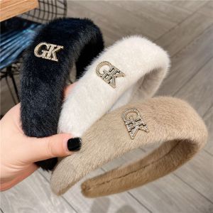 Fashion Khaki Metal Diamond Letter Plush Wide Brimmed Headband