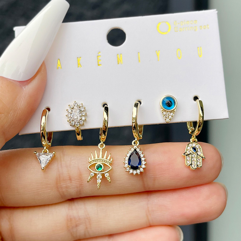 Fashion Color Copper Inlaid Zircon Eye Palm Pendant Earring Set Of 6 Pieces