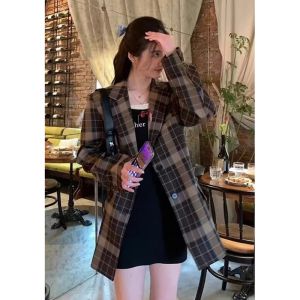 Blazer Abotonada Solapa Cuadros Poliéster