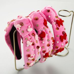 Fashion Pink Heart Velvet And Diamond-beaded Bow Knotted Wide-brimmed Headband