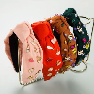 Fashion Coffee Color Fabric Diamond-encrusted Knotted Wide-brimmed Headband