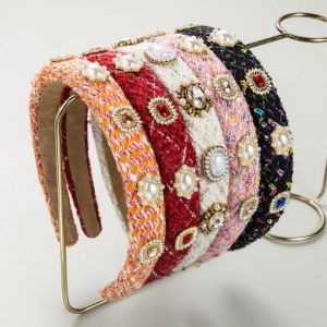 Fashion Orange Color Woolen Rhombus Diamond-embellished Pearl Wide-brimmed Headband