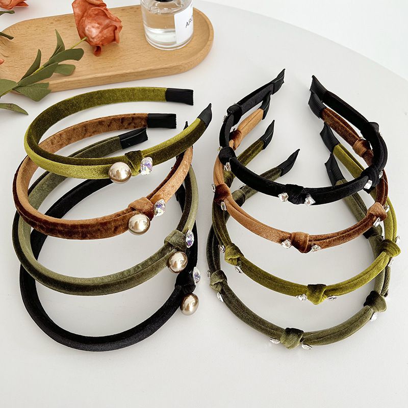 Fashion Brown Velvet Rhinestone Knotted Headband Gold Velvet Diamond Knotted Thin Edge Headband