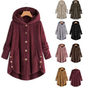 Fashion Black Plush Leopard Print Button-down Hooded Jacket