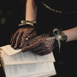 Fashion Black Lace Bow Five-finger Gloves
