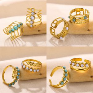 Anillo Abierto Redondo Turquesa De Acero