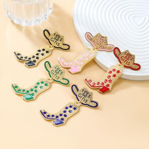 Fashion Pink Alloy Oil Dripping Cowboy Boots Hat Earrings