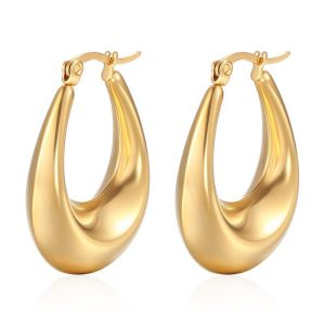 Fashion Gold Stainless Steel Smooth Hollow Oval Earrings