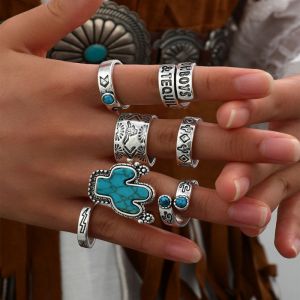 Conjunto De Anillos De Cactus De Mezclilla Turquesa Geométricos