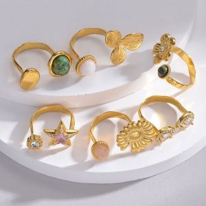 Anillo Abierto De Flor De Piedra Natural Geométrica De Acero Inoxidable