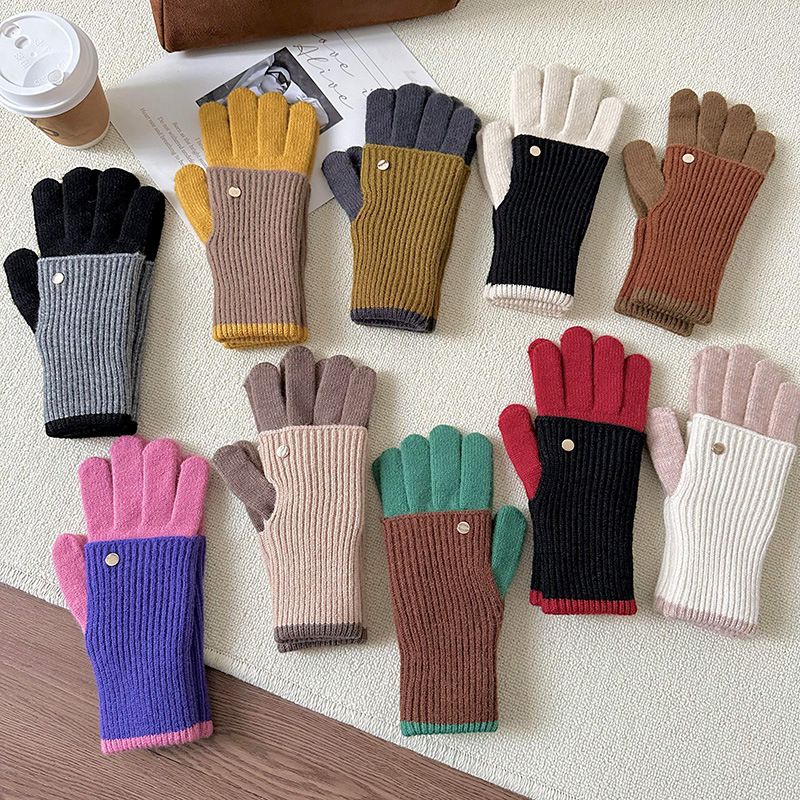 Guantes De Cinco Dedos Con Bloques De Color De Punto De Lana Elástico