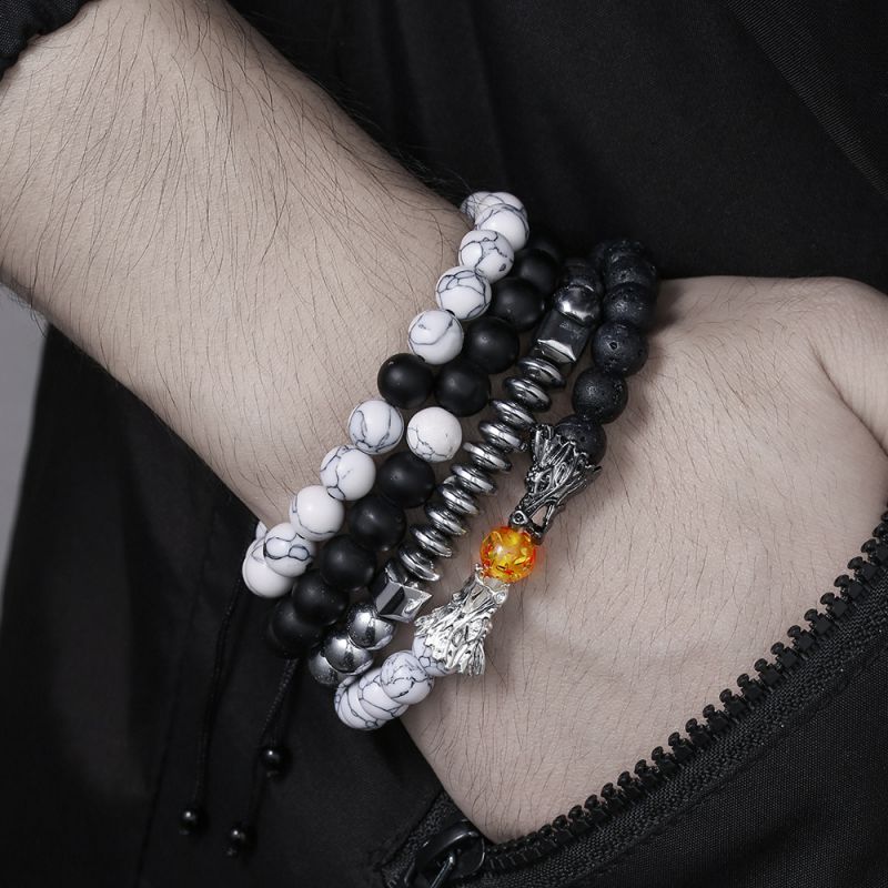 Fashion Black Geometric Natural Stone Beaded Mens Bracelet Set