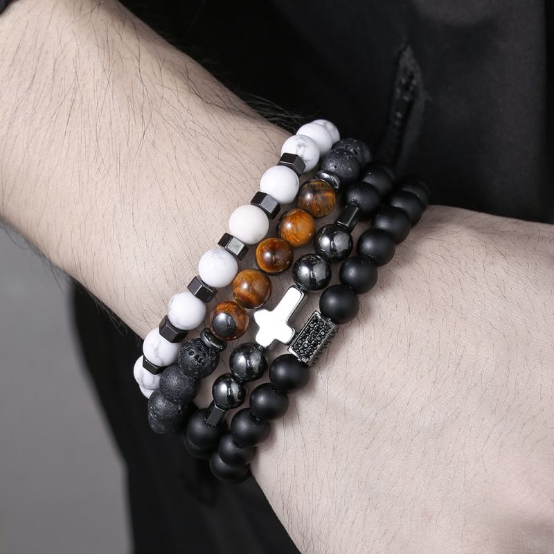 Fashion Black Geometric Natural Stone Beaded Mens Bracelet Set
