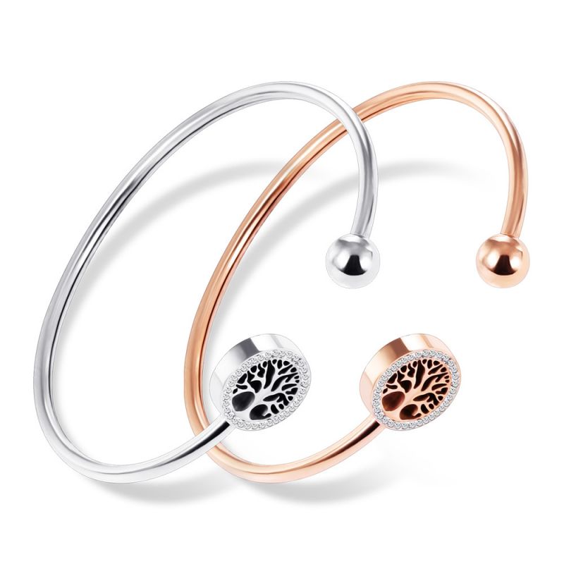 Pulsera Abierta De Acero Inoxidable Con Diamantes Y Árbol De La Vida
