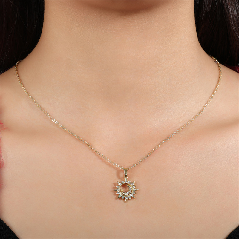 Fashion White Gold Plated Copper And Diamond Sun And Moon Necklace